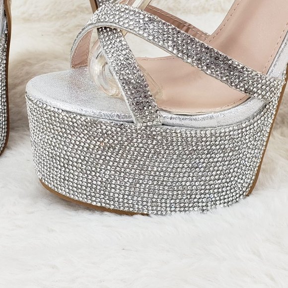 Bejeweled Pandora Silver Rhinestone Platform 6.5" Heels Defects - Picture 15 of 17